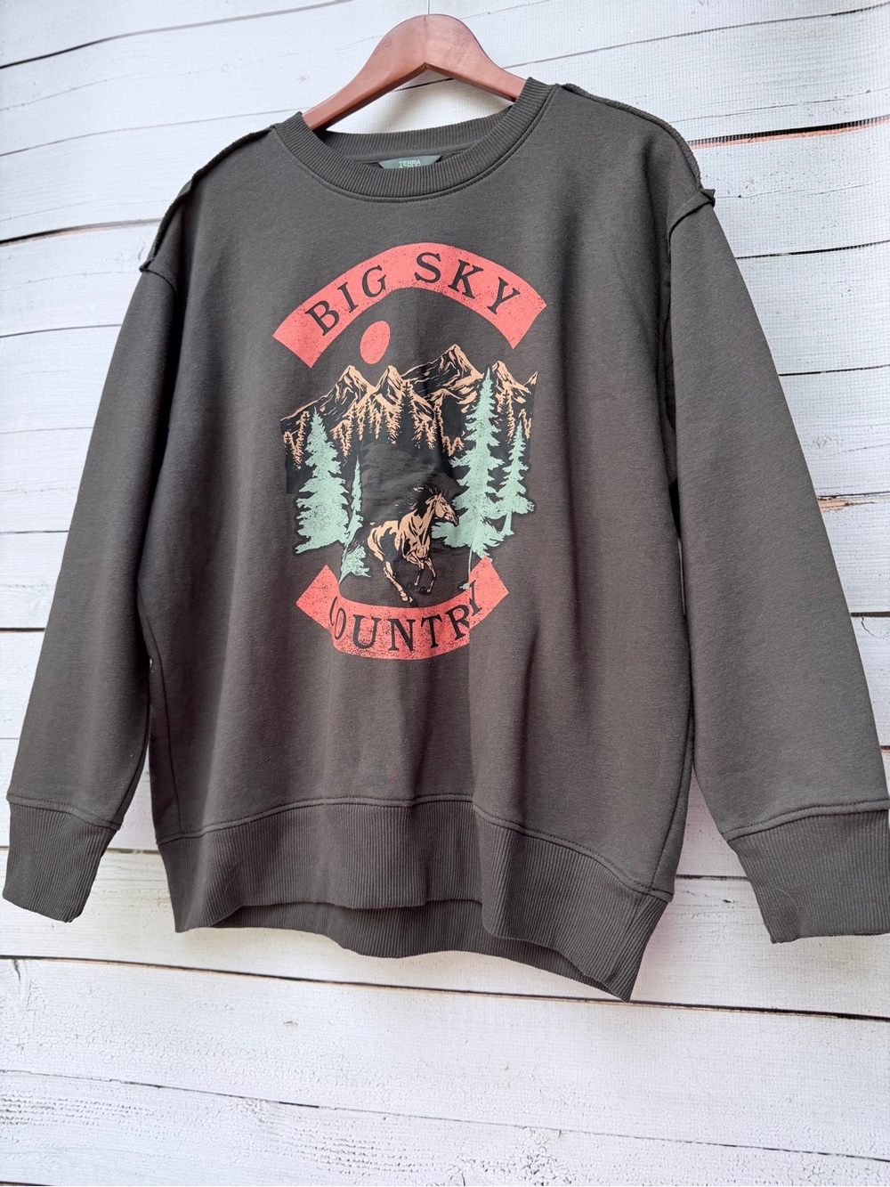 Terra & Sky Olive Graphic Crewneck Sweatshirt with Coral Print - Picture 1 of 4